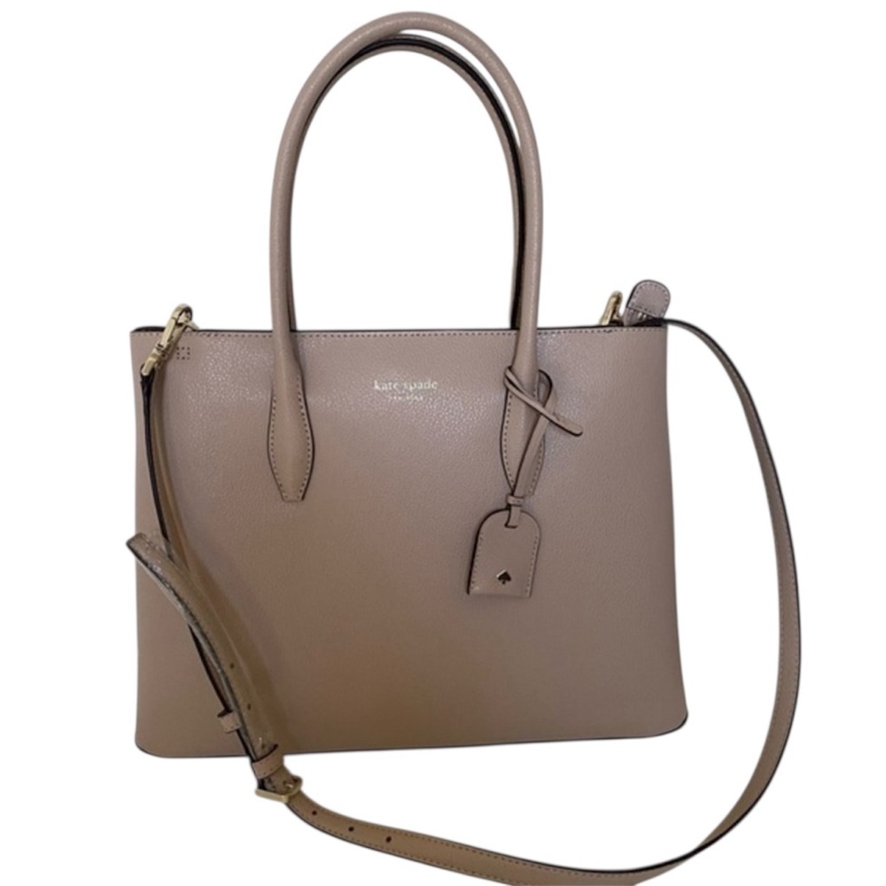 Kate Spade Cream Tan Leather Medium Top Zip Structured Tote Satchel Bag